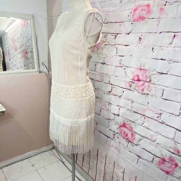 Ark & Co Women's Lace Fringe Cream Chiffon Sleeveless Mini Shift Dress Size S - Picture 7 of 14